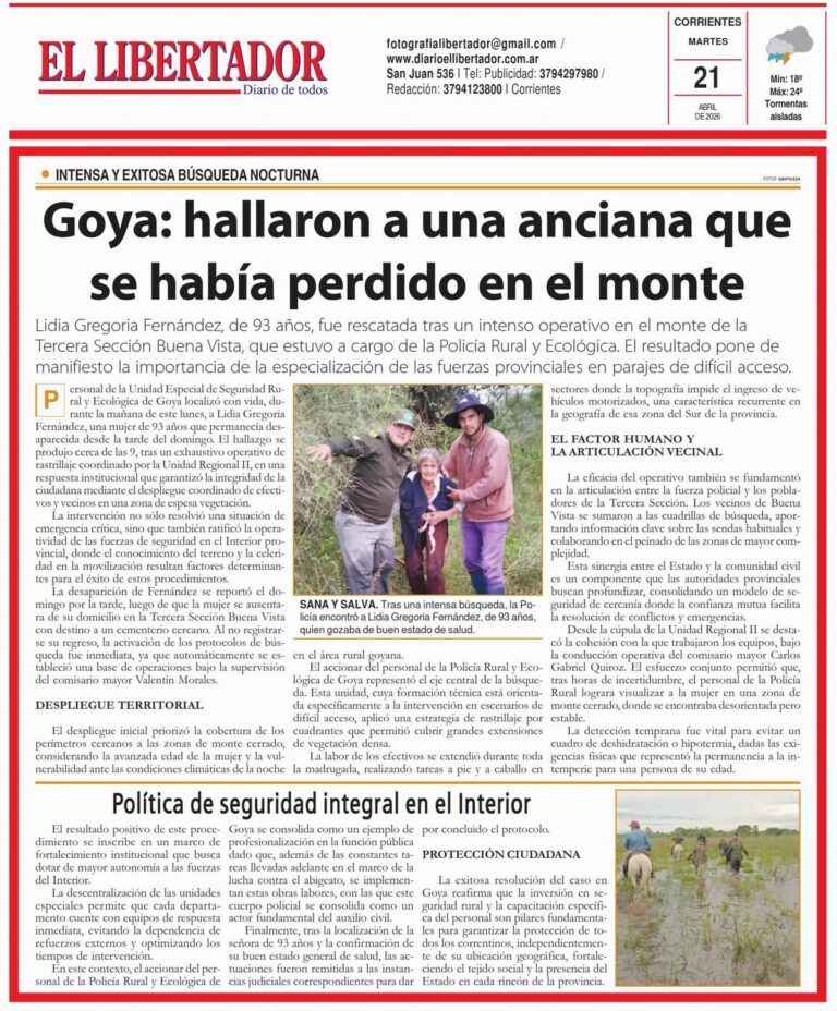 Portada del Diario El Libertador de Corrientes, edición del 21 de abril de 2026