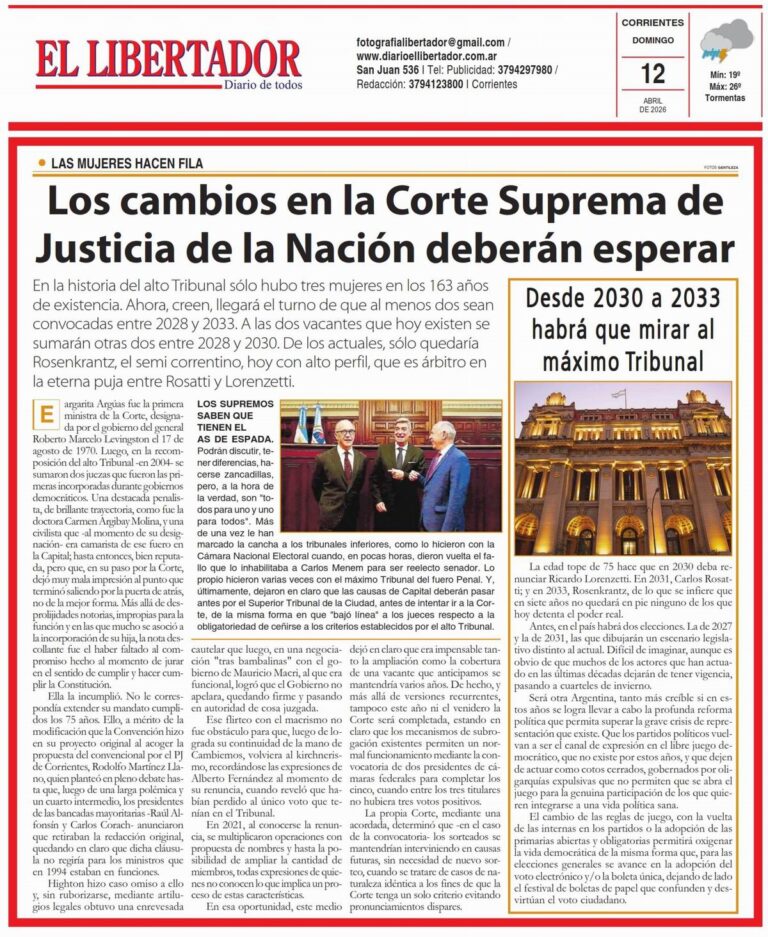 Portada del Diario El Libertador de Corrientes, edición del 12 de abril de 2026