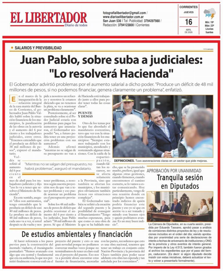 Edición del Diario El Libertador de Corrientes del 16 de abril de 2026