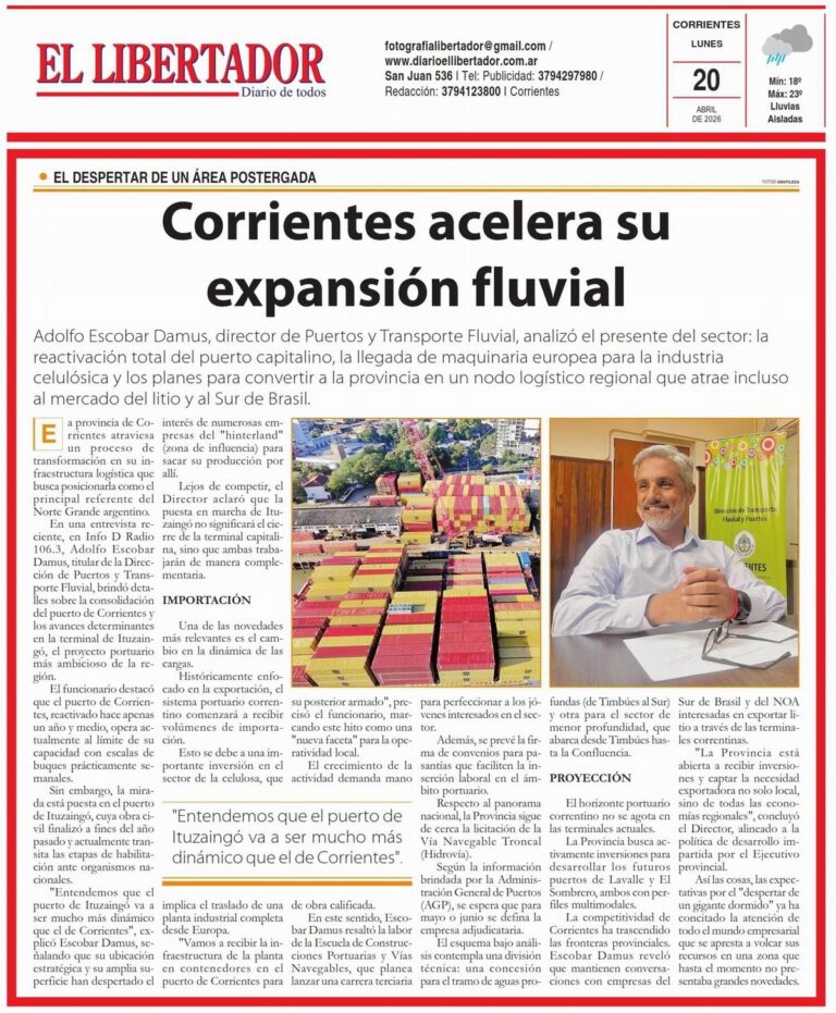 Fotografía de la portada del Diario El Libertador de Corrientes, edición del 20 de abril de 2026.
