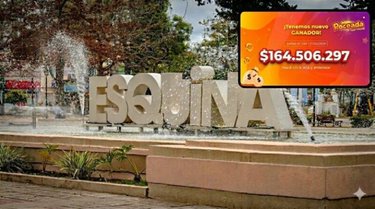 Ilustración de un ticket de lotería de la Poceada Correntina con números de sorteo, representando el premio ganado en Esquina.