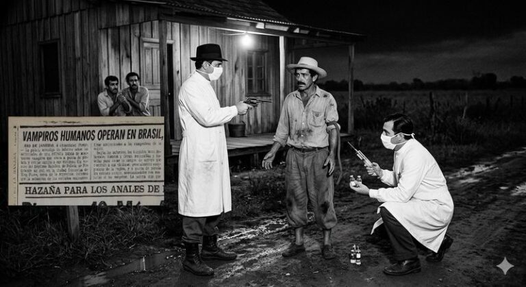 Ilustración referencial de un titular de periódico antiguo que menciona la leyenda de los Vampiros de Blanco en la frontera.