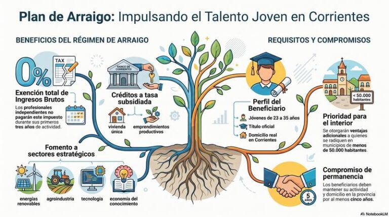 Ilustración de jóvenes profesionales analizando un mapa de la provincia de Corrientes.