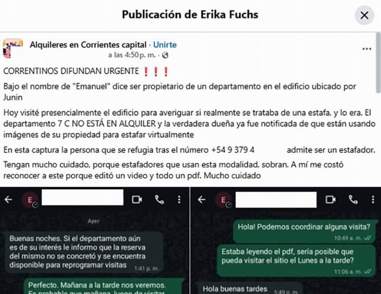 Captura de conversación sobre estafa de alquiler en Corrientes