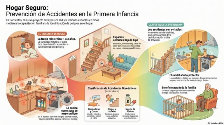 Niño pequeño en cocina con utensilios y objetos peligrosos, simbolizando riesgos domésticos