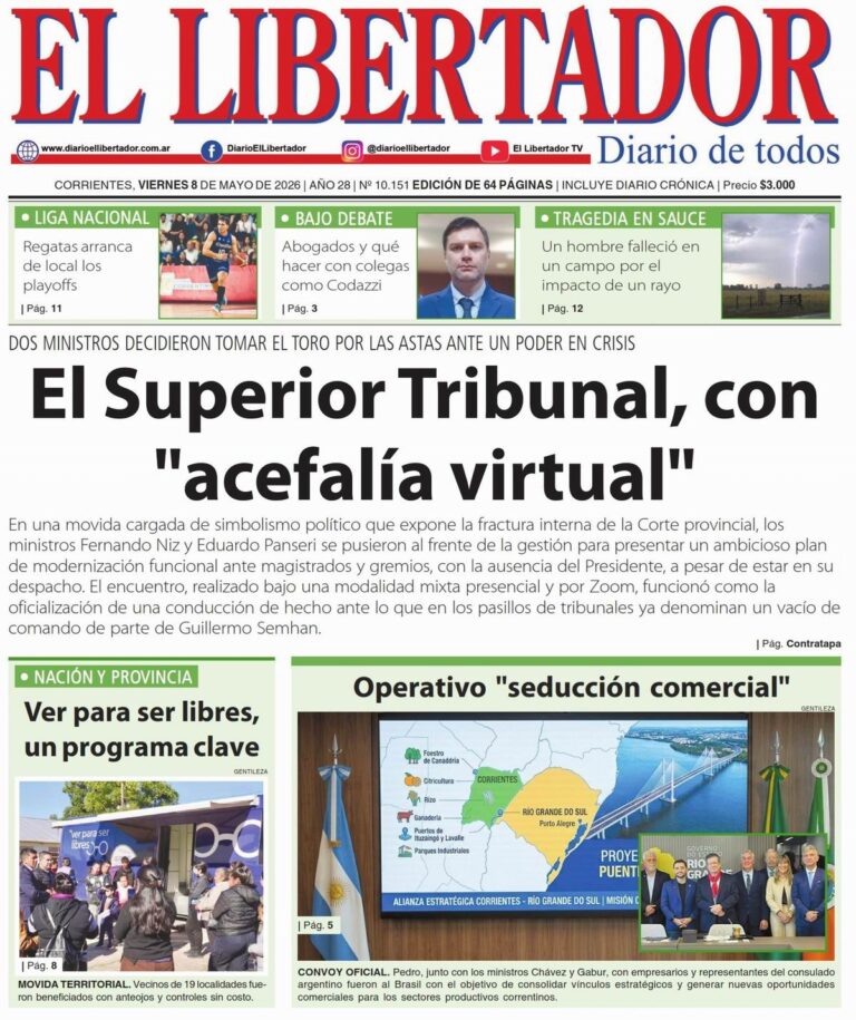 Portada digital del Diario El Libertador de Corrientes del 8 de mayo de 2026