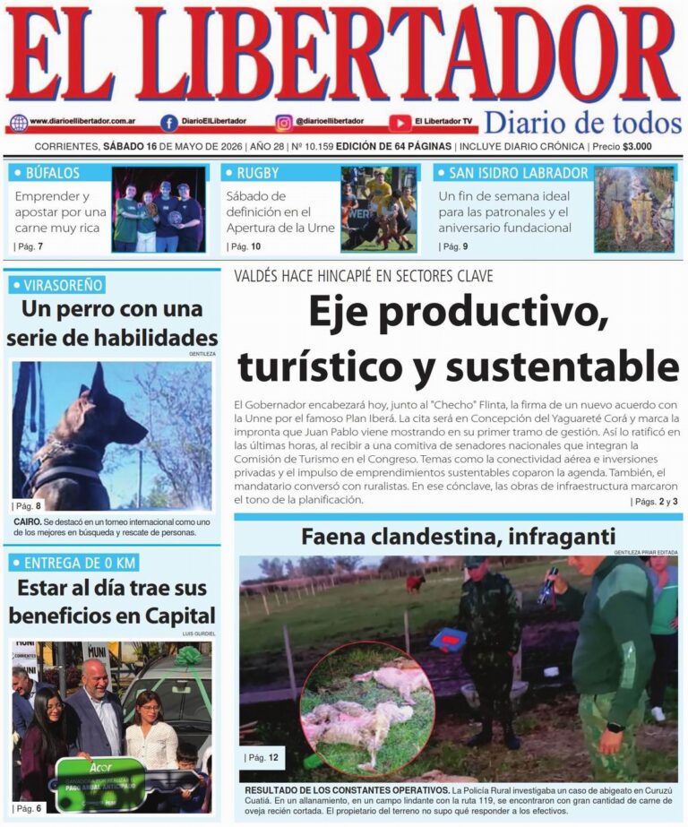 Tapa y contratapa del diario del 16 de mayo de 2026 con noticias de Corrientes