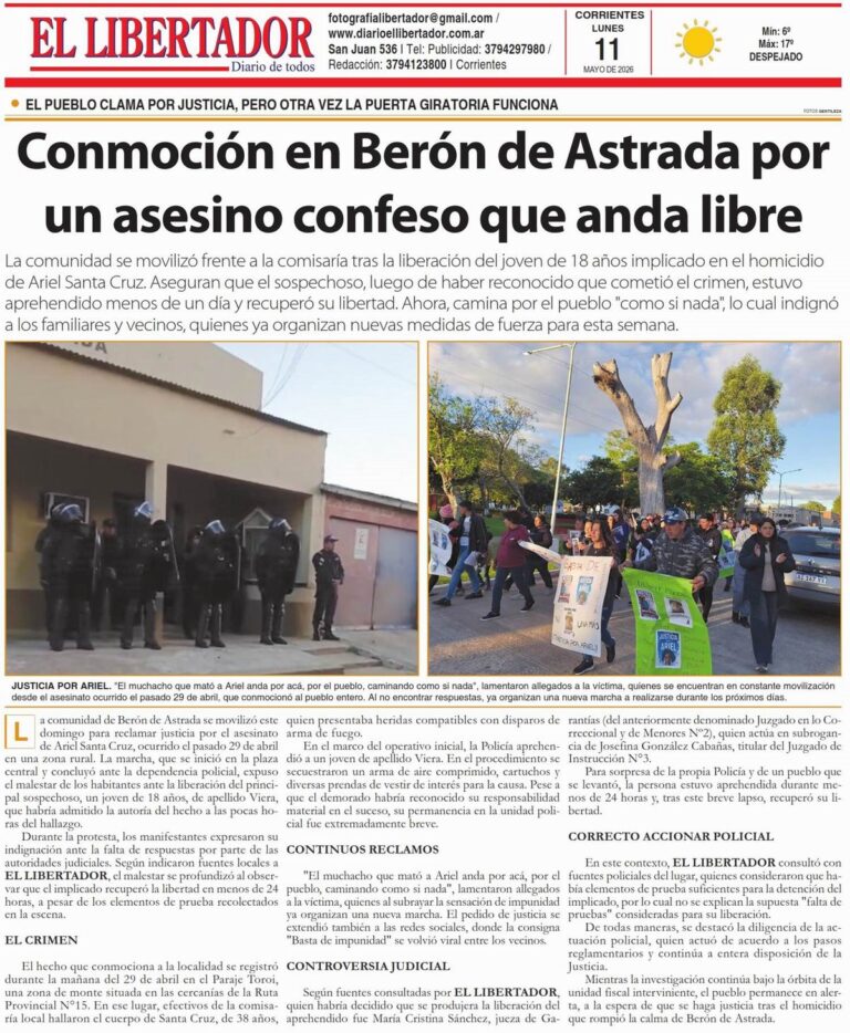 Tapa y contratapa del Diario El Libertador de Corrientes del 11 de mayo de 2026