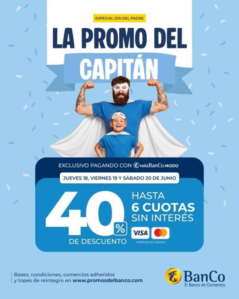 Tarjetas de crédito del Banco de Corrientes sobre fondo azul con texto promocional del Día del Padre