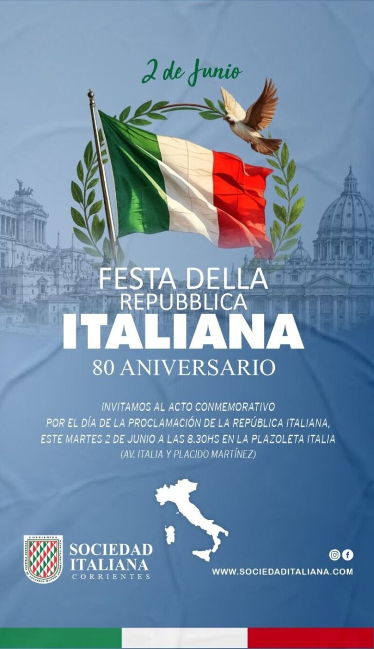 Bandera italiana y argentina en la plazoleta Italia de Corrientes durante la celebración de la Festa della Repubblica