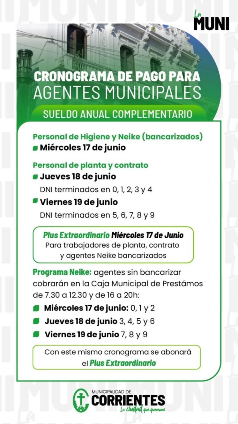 Cronograma de pago del medio aguinaldo Municipalidad de Corrientes