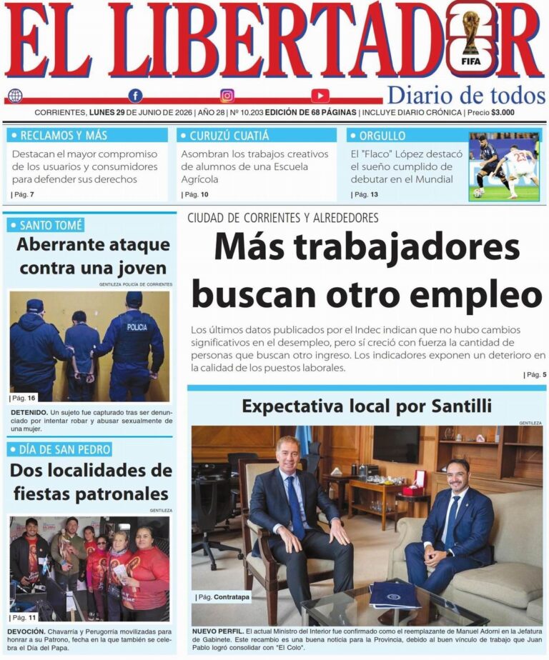 Portada del diario del 29 de junio de 2026