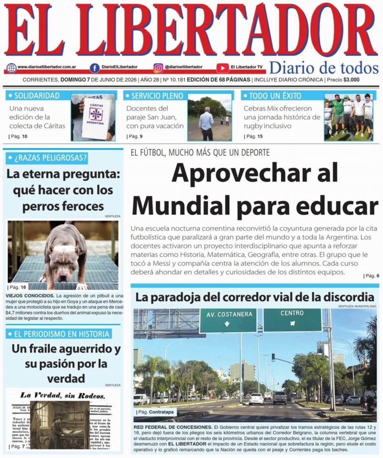 Portada del diario del 8 de junio de 2026 con titulares sobre Corrientes