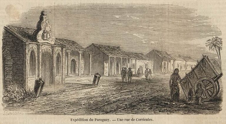 Grabado de una calle de Corrientes durante la Guerra de la Triple Alianza, obra de Jules Galdrau para L’Illustration