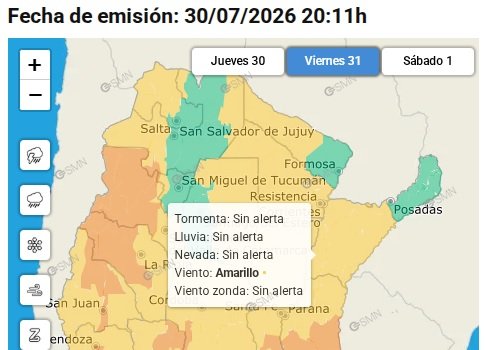 Mapa de alerta amarilla del SMN para Corrientes por fuertes vientos