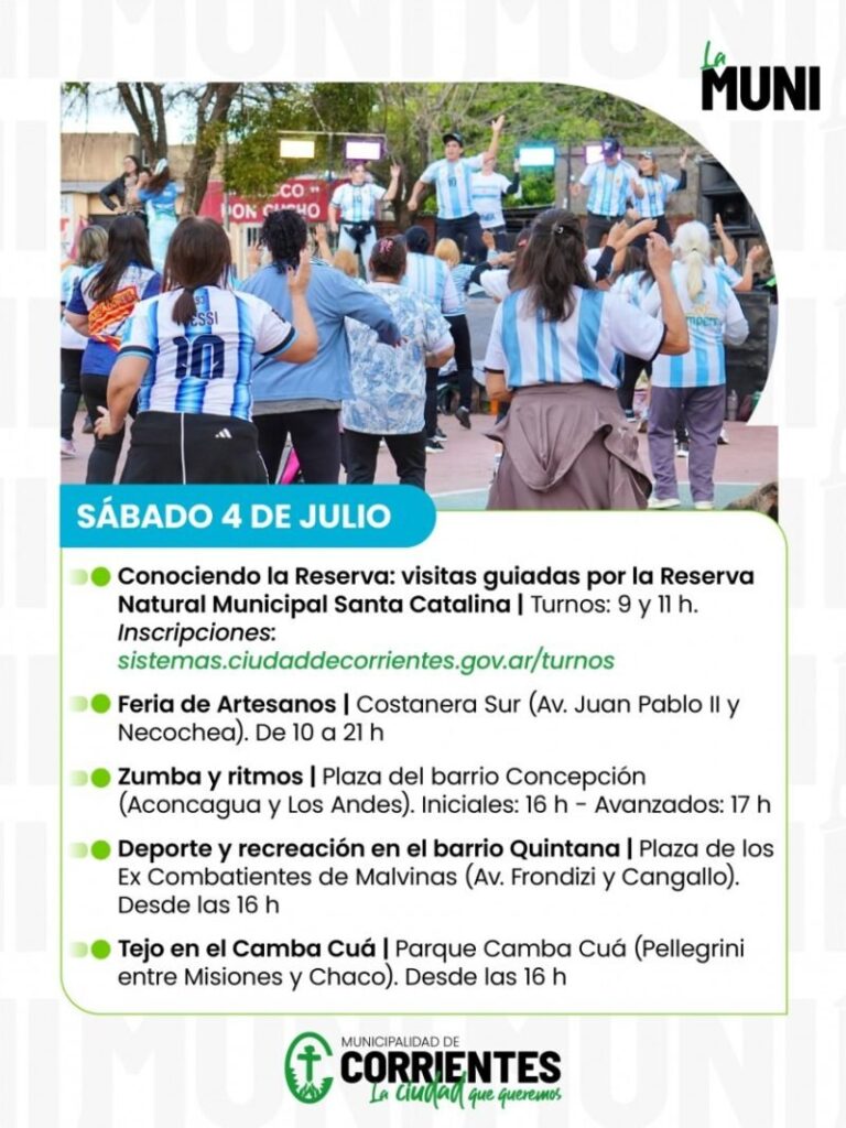 Actividades culturales y deportivas en espacios públicos de Corrientes durante el fin de semana de julio