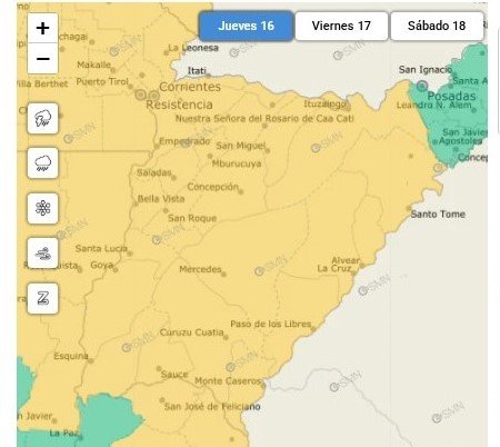 Mapa de alerta amarilla del SMN para Corrientes por vientos intensos