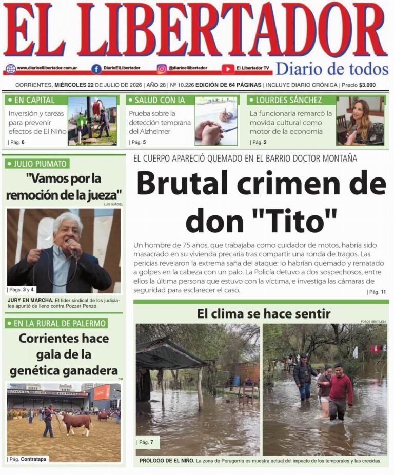 Portada del diario local de Corrientes del 22 de julio de 2026