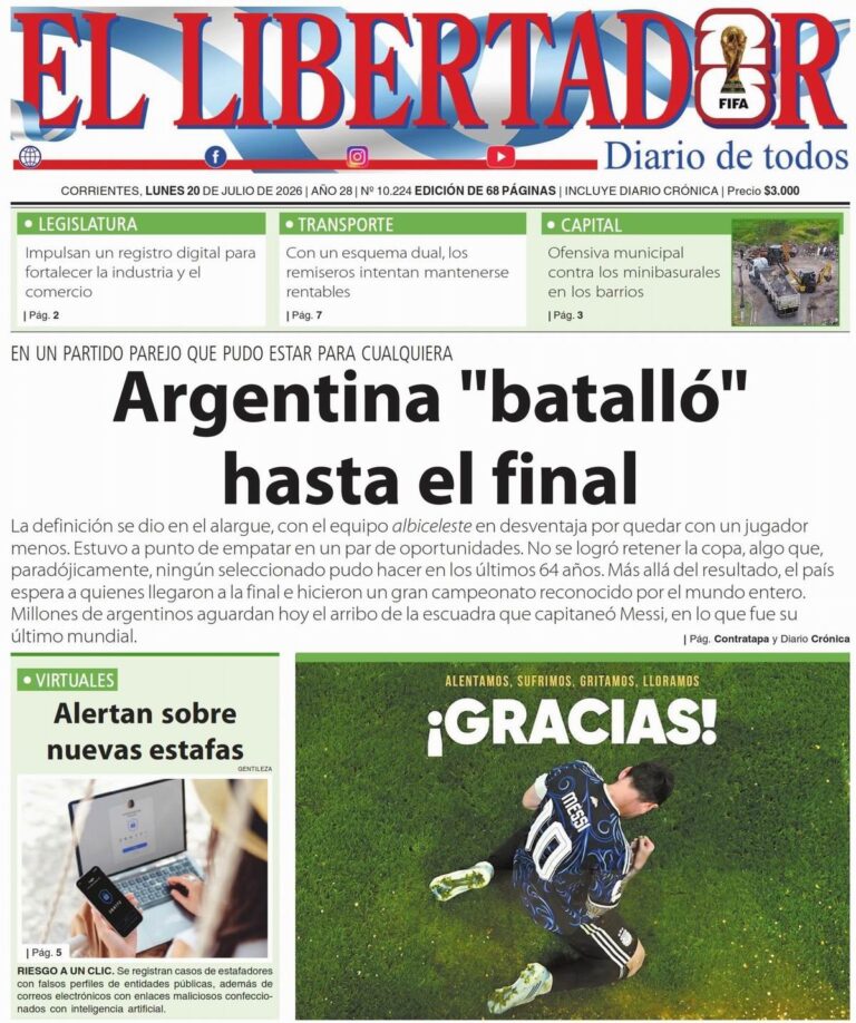 Tapa y contratapa del diario Correntinos En Red del 20 de julio de 2026