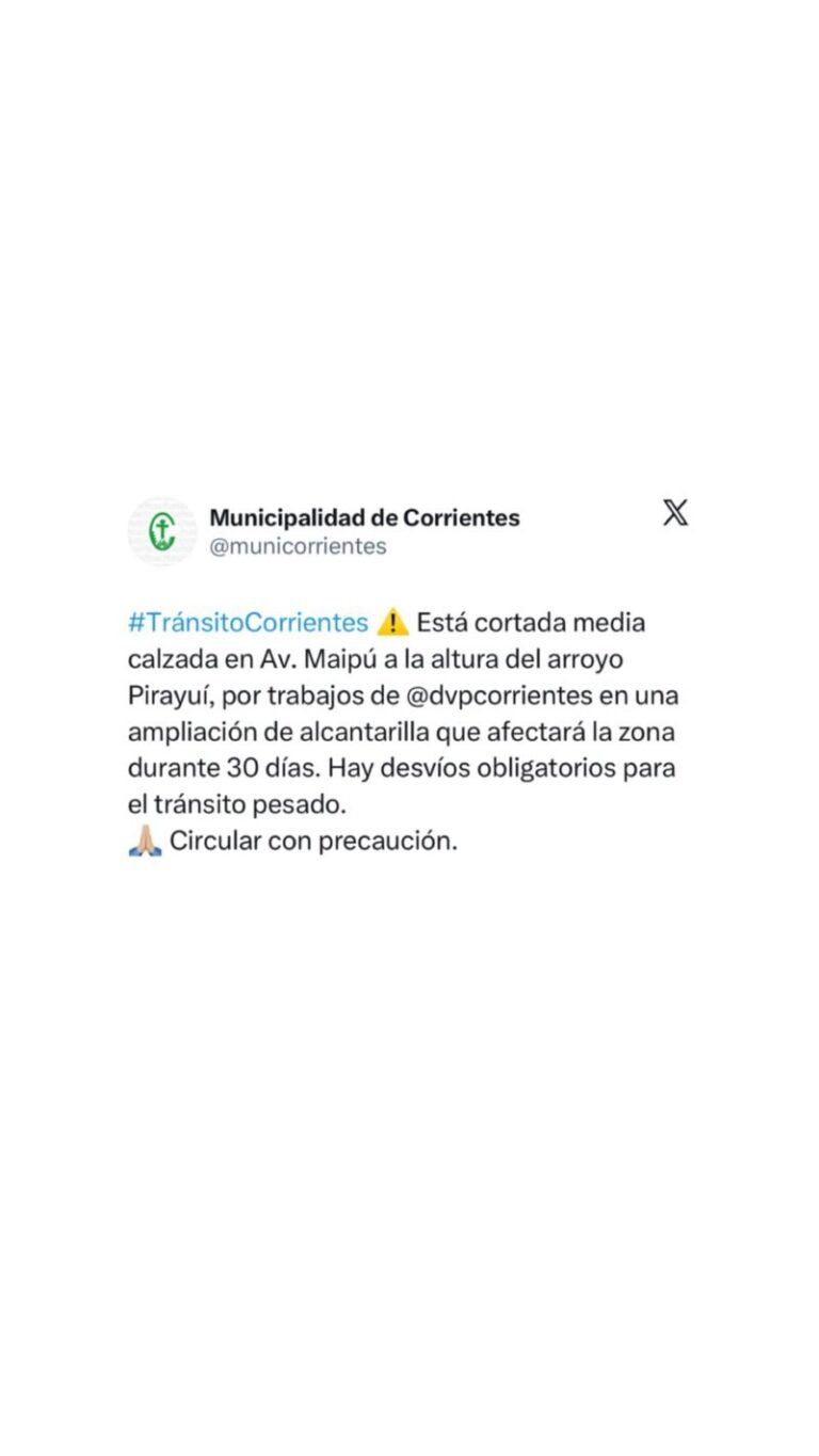 Obras viales en avenida Maipú, Corrientes, con reducción de calzada y señalización