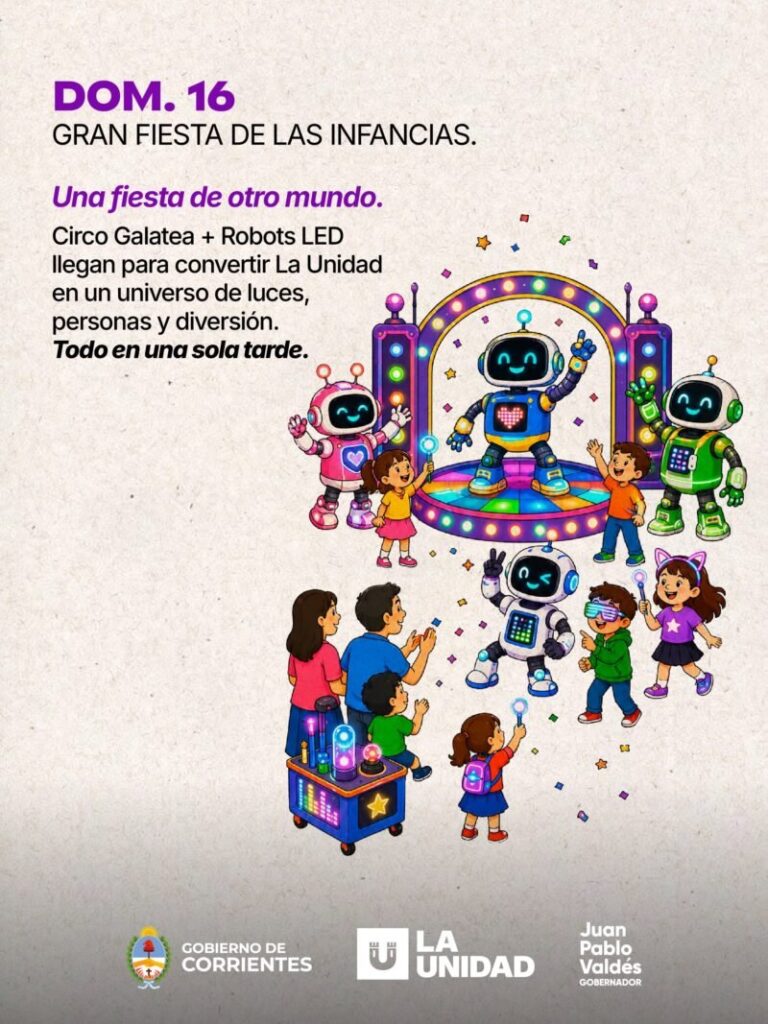 Niños y niñas en un espectáculo de circo y luces LED en el predio La Unidad, Corrientes