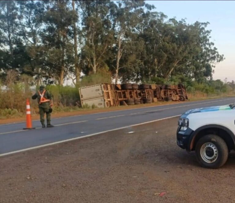 Camión volcado con carga de frutas en la Ruta Nacional 14