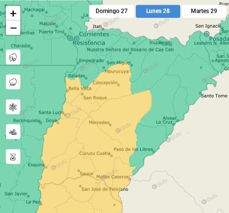 Mapa de alerta amarilla por tormentas en Corrientes