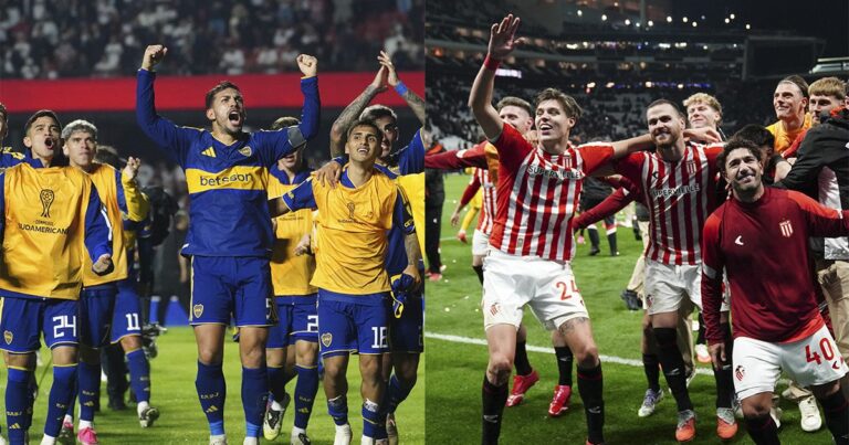 Jugadores de Estudiantes y Boca celebrando sus clasificaciones a las semifinales de las copas continentales