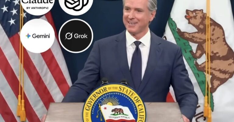 Gobernador de California Gavin Newsom firmando legislación sobre inteligencia artificial