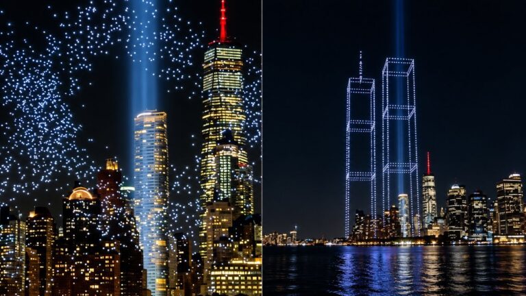 Drones iluminan el cielo sobre el puerto de Nueva York formando la silueta de las Torres Gemelas durante el homenaje a las víctimas del 11-S