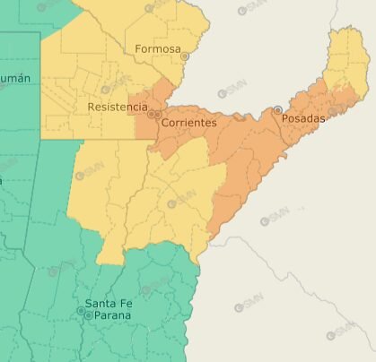 Mapa de alerta meteorológica por tormentas en la provincia de Corrientes