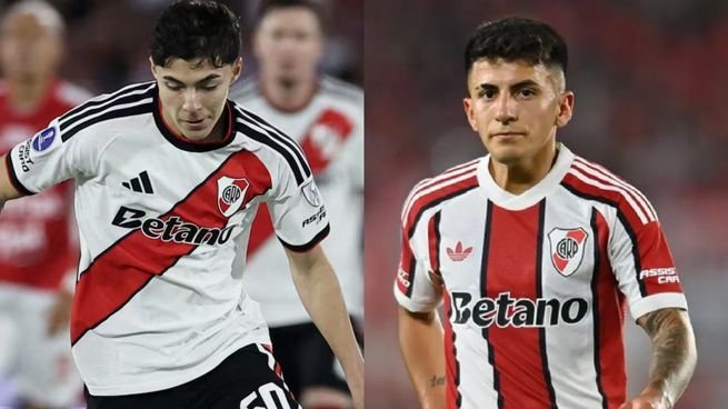 Tobías Andrada y Thiago Almada durante el partido entre River y Huracán