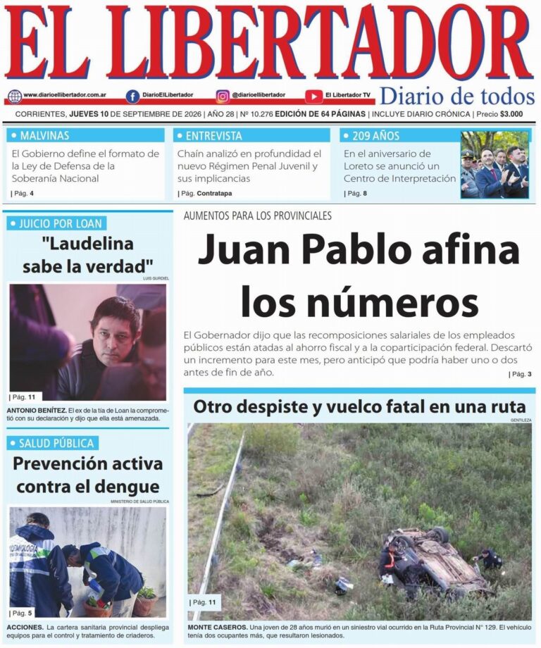 Portadas de los diarios de Corrientes del 10 de septiembre de 2026