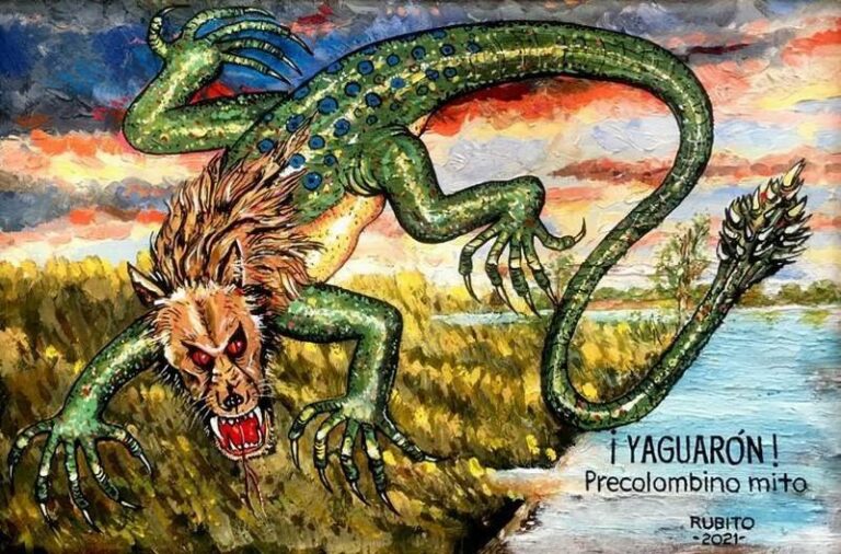 Representación del Yaguarón, ser mitológico guaraní que habita las profundidades del río Paraná