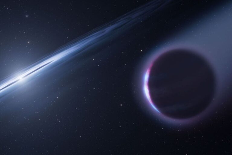 Ilustración de un planeta gigante gaseoso orbitando una enana blanca, formado por el material expulsado por la estrella muerta.